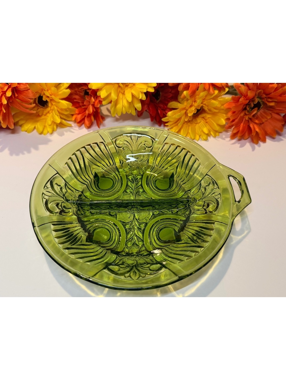 Indiana Glass Peacock Olive Green Divided Relish Candy Dish Handled